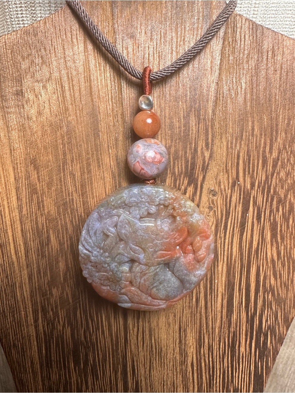 Ocean Jasper Fox Pendant Necklace with Jade on Brown Rope